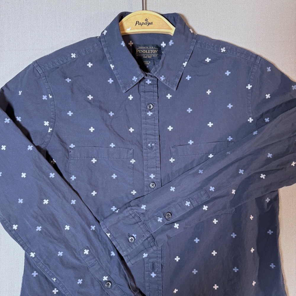 Pendleton Navy Blue Cross Pattern Button Down Shirt XXS Mens Long Sleeve Cotton